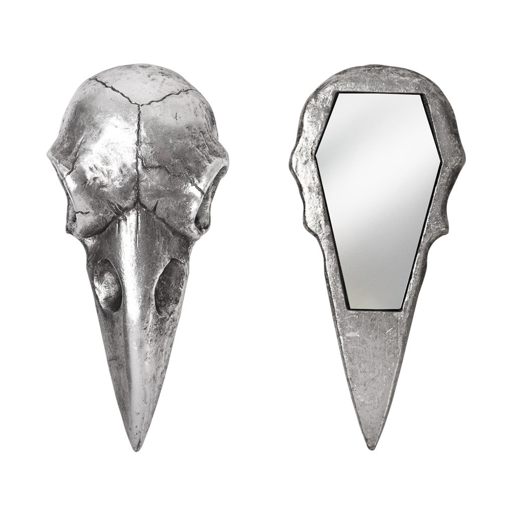 Raven Skull Hand Mirror - Antique Silver